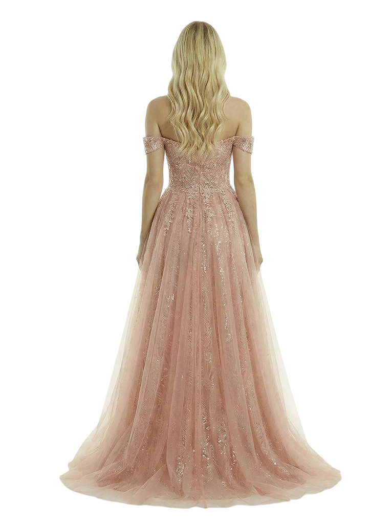 Elegant Off Shoulder A-line Tulle Applique Side Slit Long Evening Prom Dresses