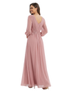 Classy V-Neck Mother of the Groom Dress Long Sleeve Chiffon Maxi Gown With Slit