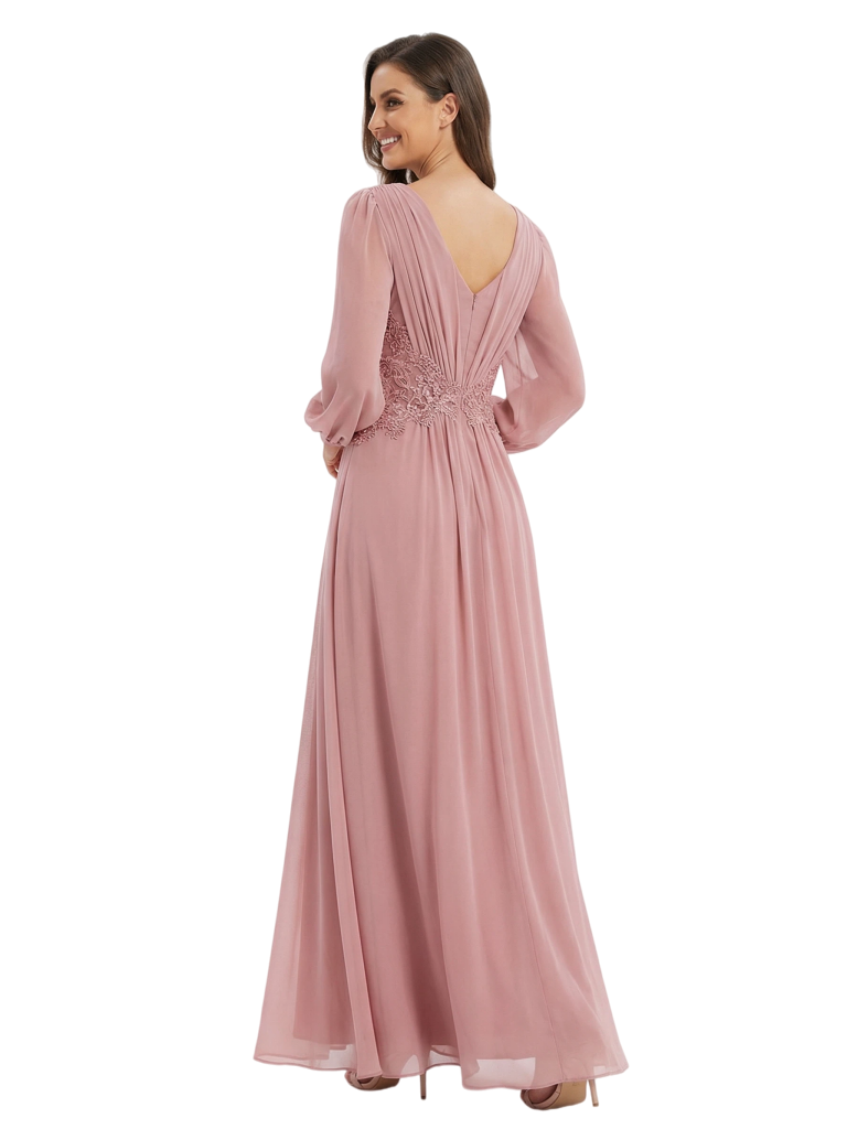 Classy V-Neck Mother of the Groom Dress Long Sleeve Chiffon Maxi Gown With Slit