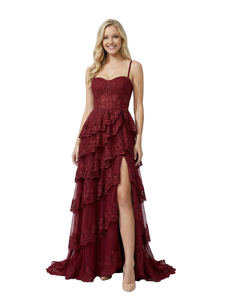 Elegant Spaghetti Straps A-line Side Slit Lace Tulle Long Evening Prom Dresses