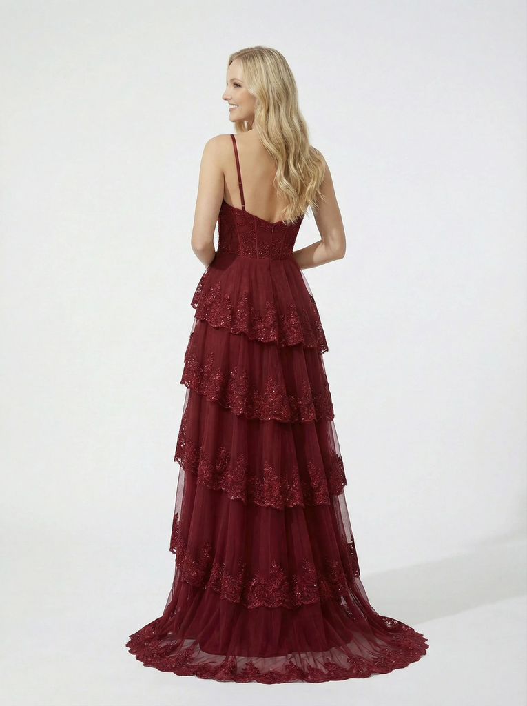 Elegant Spaghetti Straps A-line Side Slit Lace Tulle Long Evening Prom Dresses