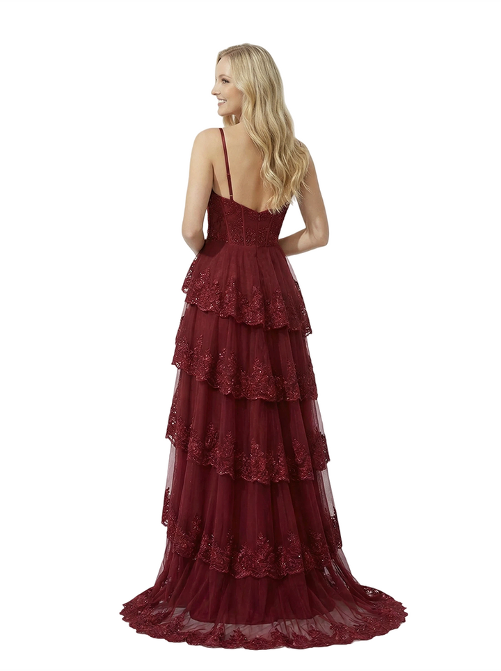 Elegant Spaghetti Straps A-line Side Slit Lace Tulle Long Evening Prom Dresses