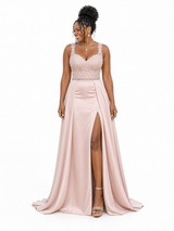 ChicSew Spaghetti Straps Soft Satin Long Mermaid Bridesmaid Dresses With Overskirt
