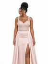 ChicSew Spaghetti Straps Soft Satin Long Mermaid Bridesmaid Dresses With Overskirt