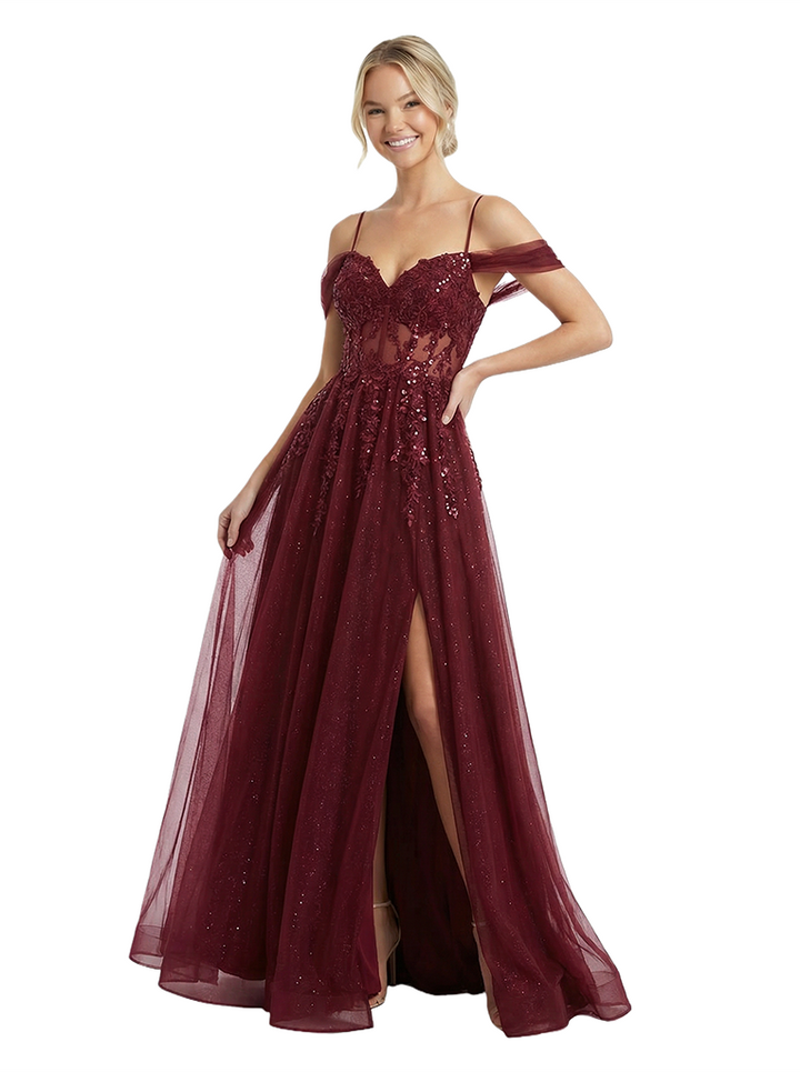 Sweet Tulle Cold Shoulder Beaded Side Slit Long Party Prom Dresses