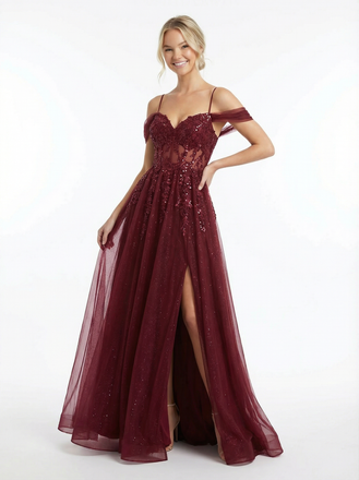 Sweet Tulle Cold Shoulder Beaded Side Slit Long Party Prom Dresses