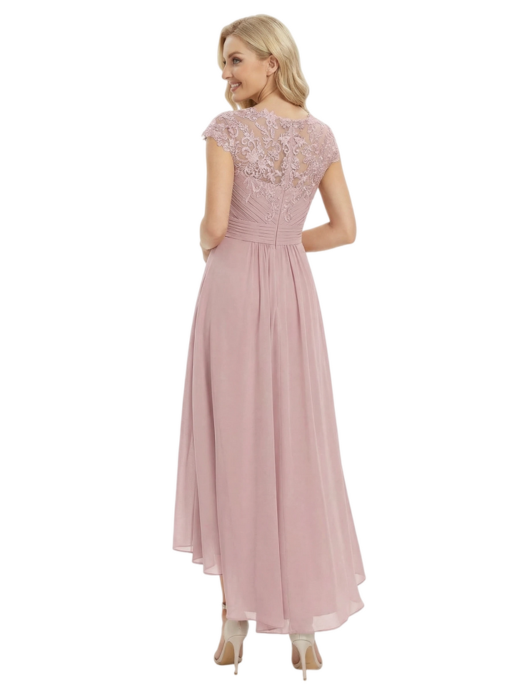 Beautiful Lace Cap Sleeves High Low Chiffon Flowy Mother of the Groom and Bride Gown