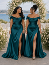 ChicSew Off Shoulder Ruching Side Slit Soft Satin Maxi Sheath Bridesmaid Dresses
