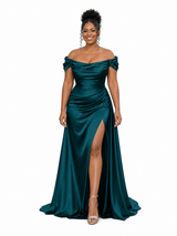 ChicSew Off Shoulder Ruching Side Slit Soft Satin Maxi Sheath Bridesmaid Dresses
