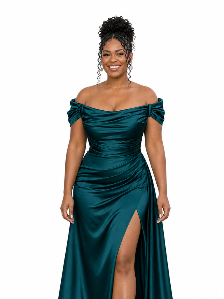 ChicSew Off Shoulder Ruching Side Slit Soft Satin Maxi Sheath Bridesmaid Dresses