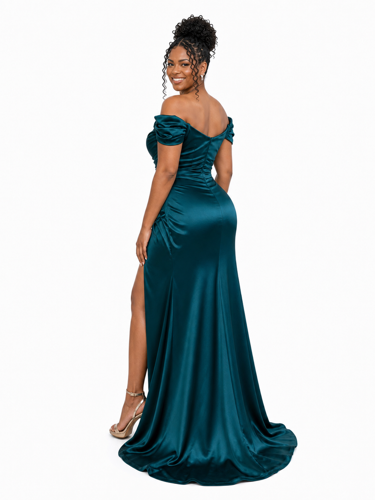 ChicSew Off Shoulder Ruching Side Slit Soft Satin Maxi Sheath Bridesmaid Dresses