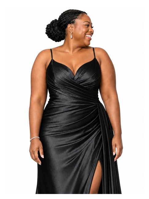 ChicSew Unique Spaghetti Straps V-Neck Side Slit Ruched Mermaid Soft Satin Floor-Length Bridesmaid Dresses
