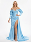 Gorgeous Satin Beaded Side Slit Off Shoulder Long Sleeves Party Prom Dresses