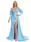 Gorgeous Satin Beaded Side Slit Off Shoulder Long Sleeves Party Prom Dresses