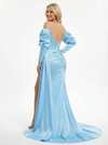 Gorgeous Satin Beaded Side Slit Off Shoulder Long Sleeves Party Prom Dresses