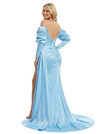 Gorgeous Satin Beaded Side Slit Off Shoulder Long Sleeves Party Prom Dresses