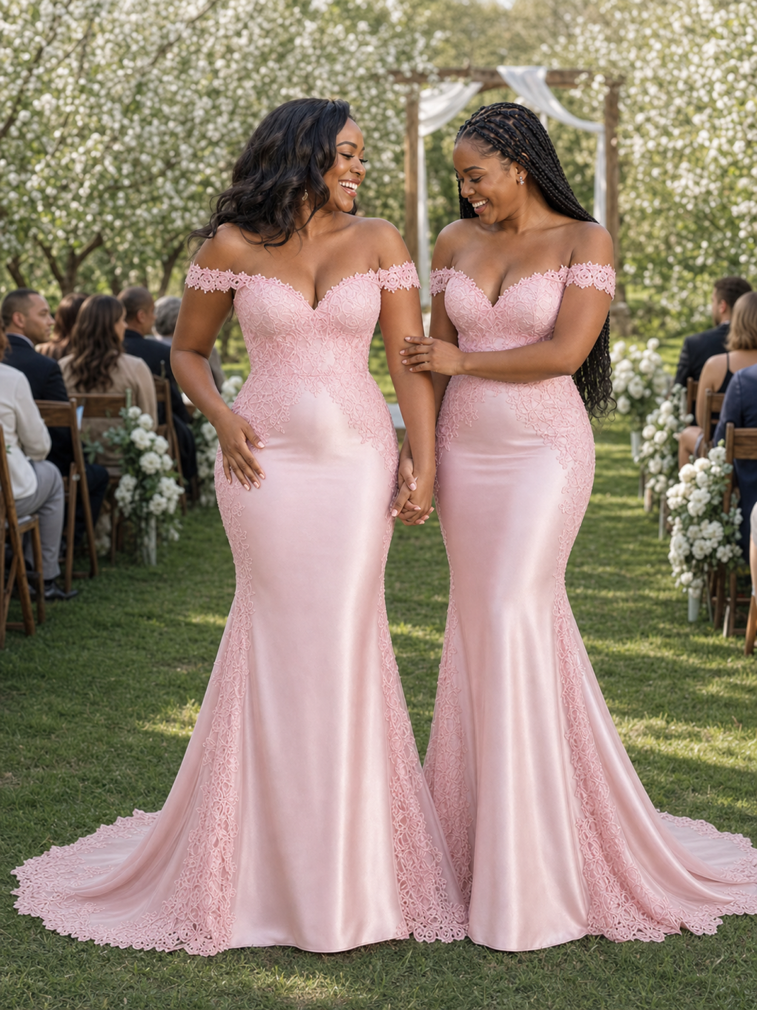 ChicSew Off Shoulder V-Neck Soft Satin Long Mermaid Bridesmaid Dresses With Lace Appliques