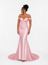 ChicSew Off Shoulder V-Neck Soft Satin Long Mermaid Bridesmaid Dresses With Lace Appliques