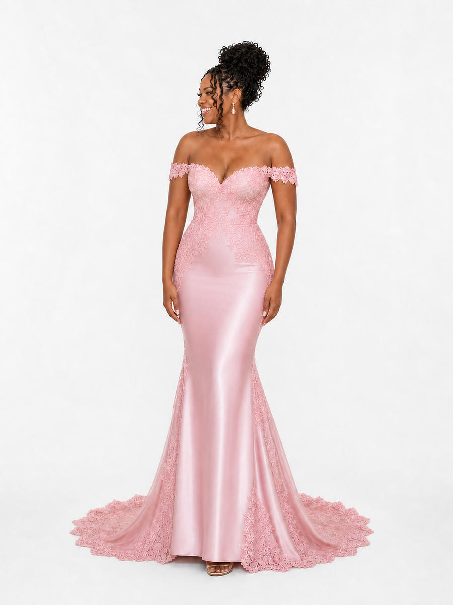 ChicSew Off Shoulder V-Neck Soft Satin Long Mermaid Bridesmaid Dresses With Lace Appliques — Flatter Your Figure