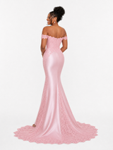 ChicSew Off Shoulder V-Neck Soft Satin Long Mermaid Bridesmaid Dresses With Lace Appliques