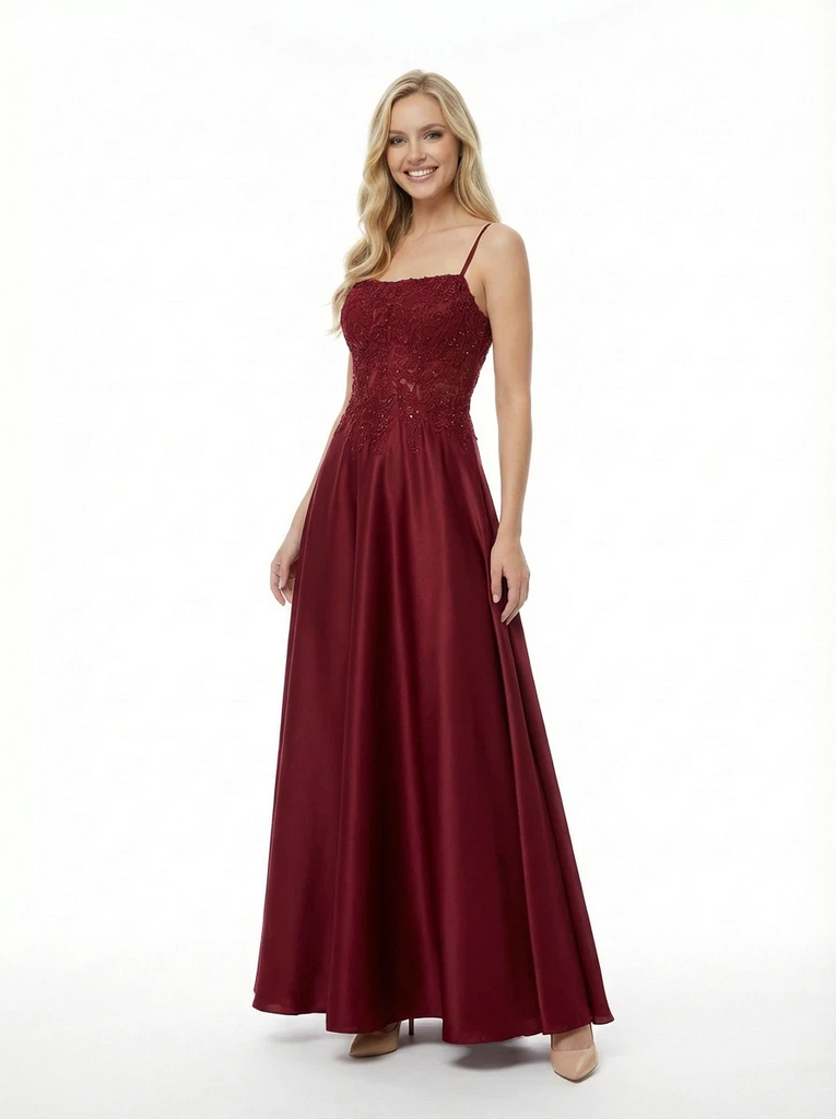 A-line Lace Beaded Spaghetti Straps Long Party Prom Dresses