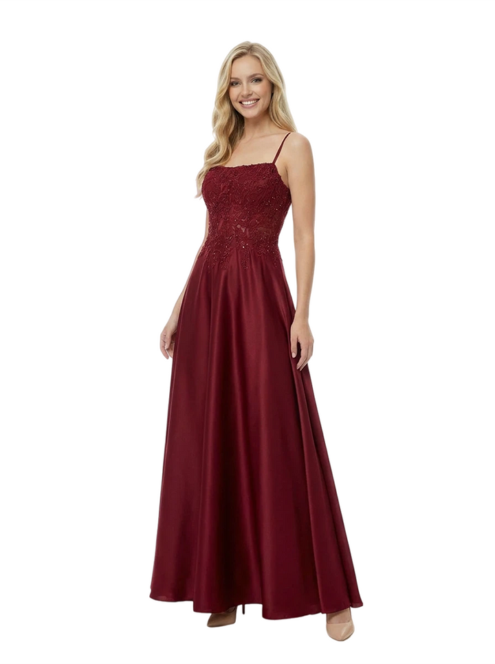 A-line Lace Beaded Spaghetti Straps Long Party Prom Dresses