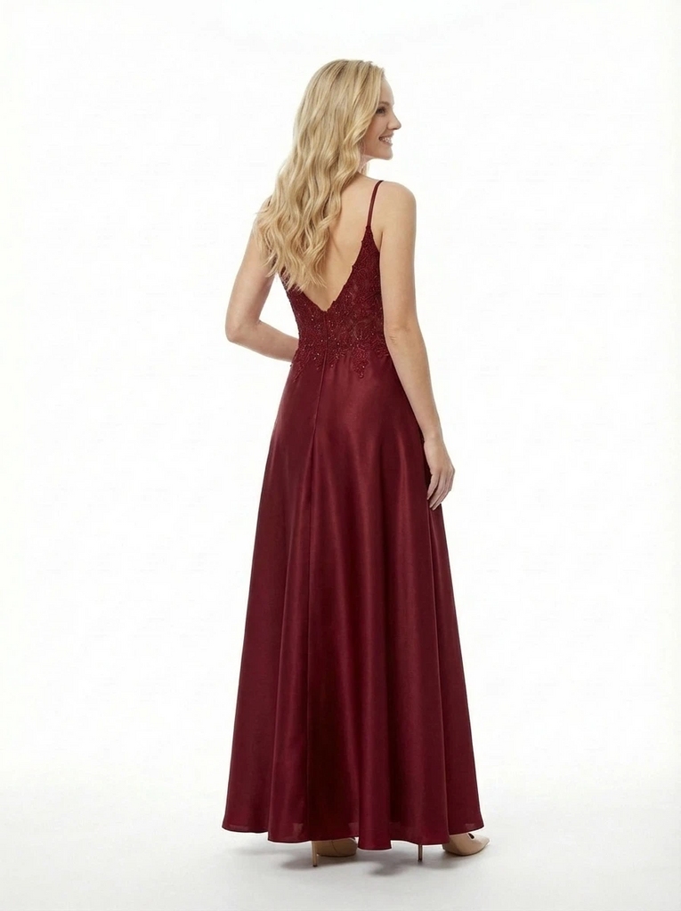 A-line Lace Beaded Spaghetti Straps Long Party Prom Dresses