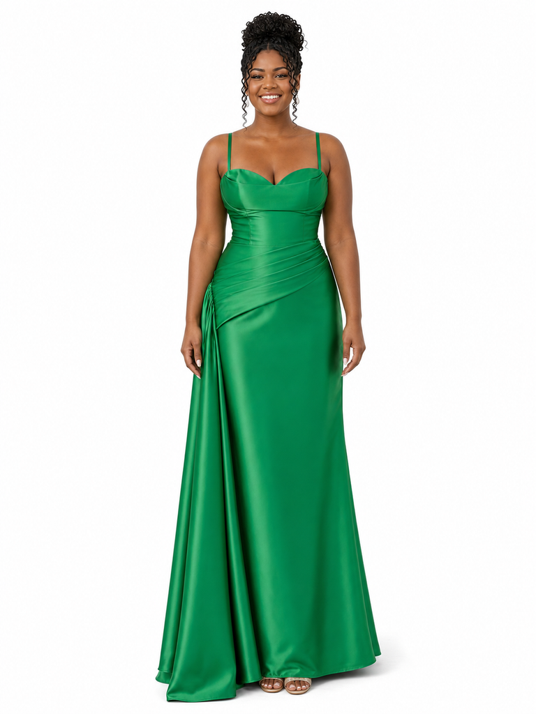 ChicSew Spaghetti Straps Ruching Soft Satin Mermaid Long Bridesmaid Dresses