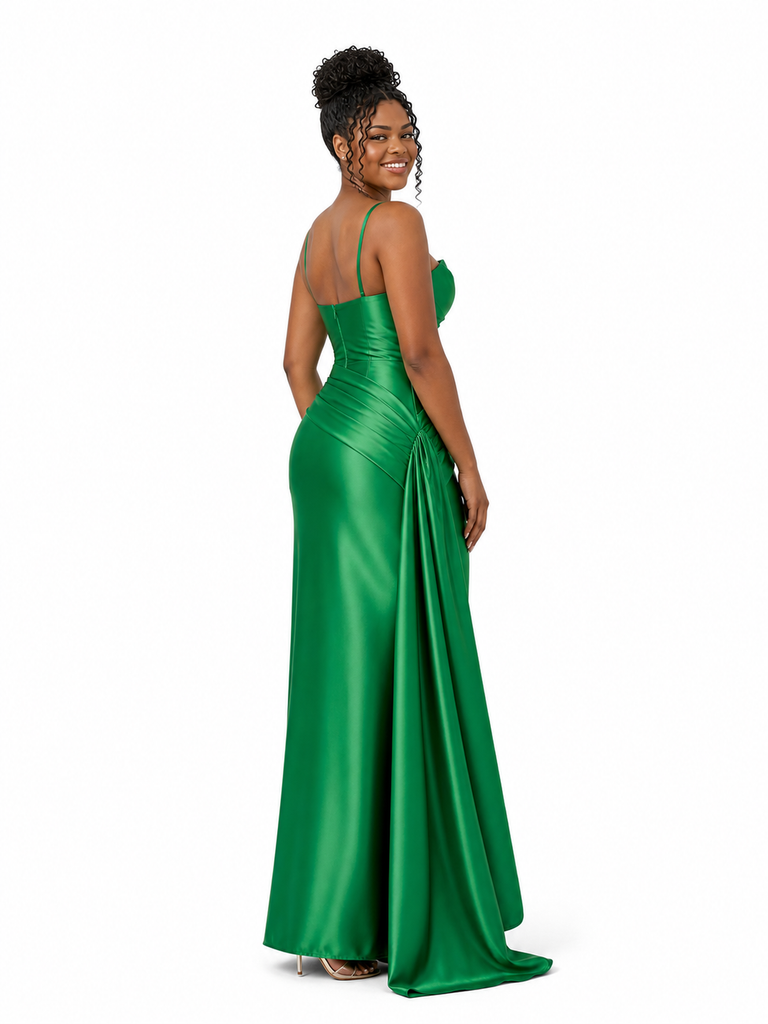 ChicSew Spaghetti Straps Ruching Soft Satin Mermaid Long Bridesmaid Dresses