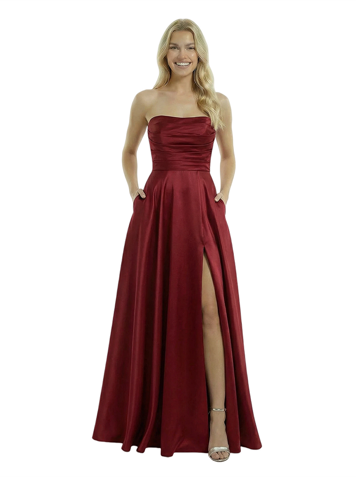 Simple Satin Strapless A-line Side Slit Floor Length Long Party Prom Dresses
