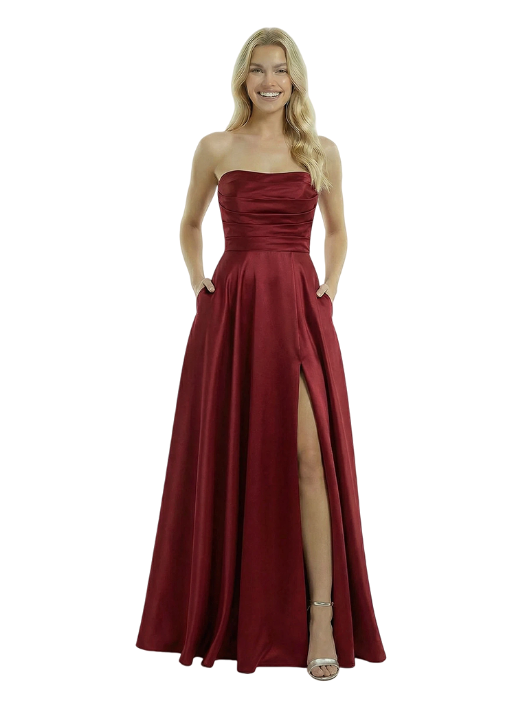 Simple Satin Strapless A-line Side Slit Floor Length Long Party Prom Dresses