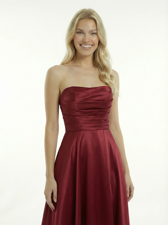 Simple Satin Strapless A-line Side Slit Floor Length Long Party Prom Dresses