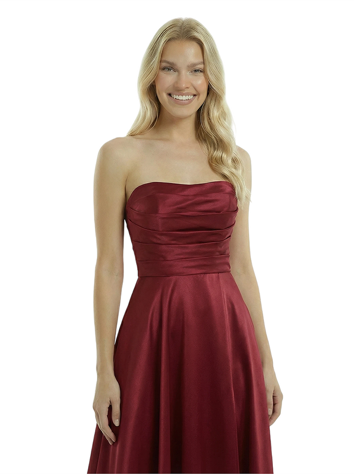 Simple Satin Strapless A-line Side Slit Floor Length Long Party Prom Dresses