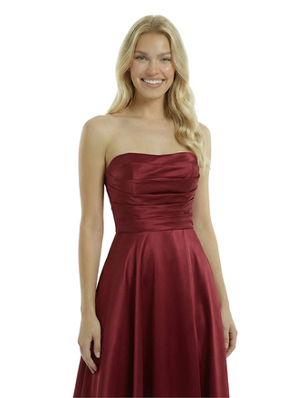 Simple Satin Strapless A-line Side Slit Floor Length Long Party Prom Dresses