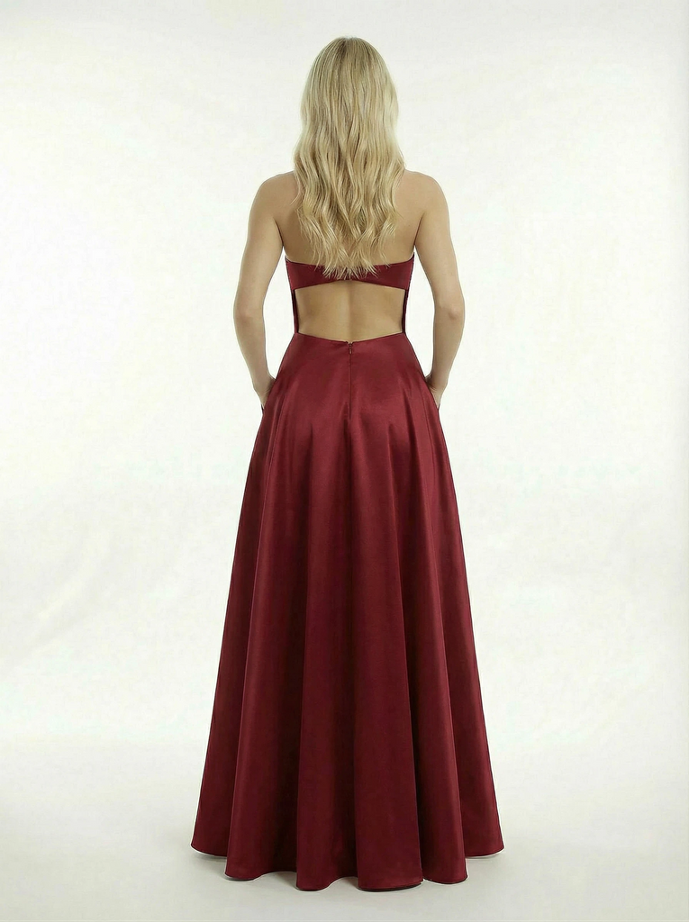 Simple Satin Strapless A-line Side Slit Floor Length Long Party Prom Dresses