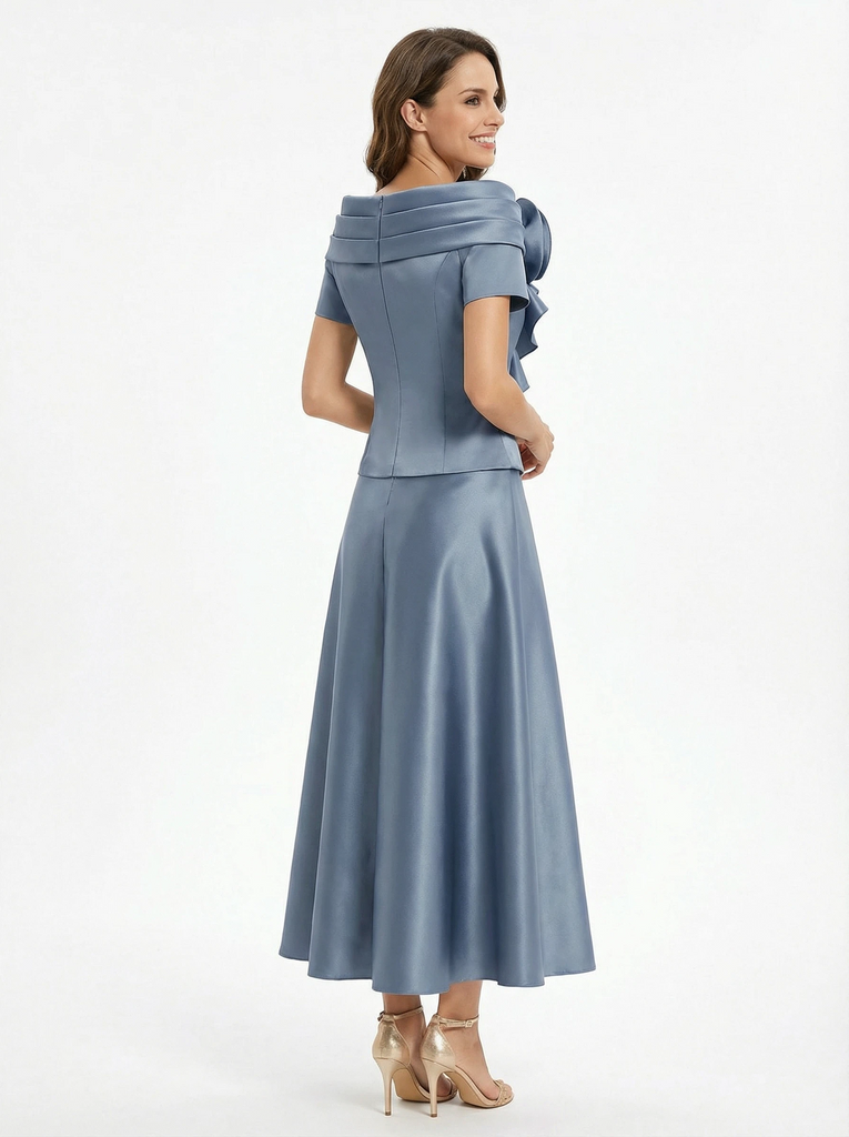 Unique Short Sleeves Off Shoulder A-Line Satin Mother of the Groom Evening Dress
