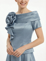 Unique Short Sleeves Off Shoulder A-Line Satin Mother of the Groom Evening Dress