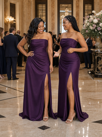 ChicSew Sexy Strapless Soft Satin Mermaid Long Bridesmaid Dresses With Side Slit