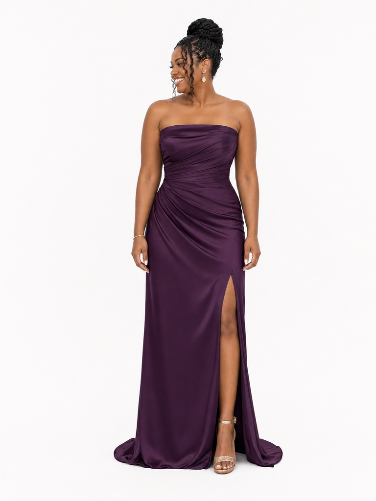 ChicSew Sexy Strapless Soft Satin Mermaid Long Bridesmaid Dresses With Side Slit