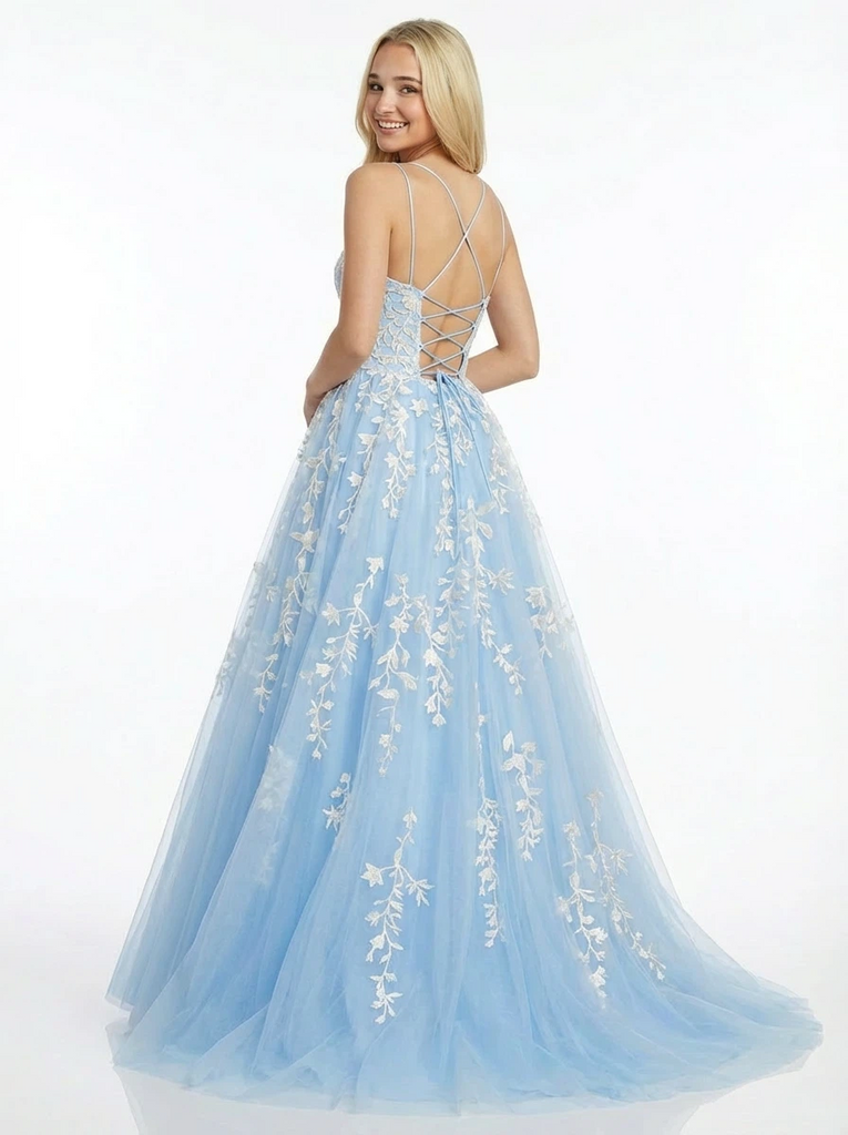 Modern A-line Lace Spaghetti Straps Long Party Prom Dresses