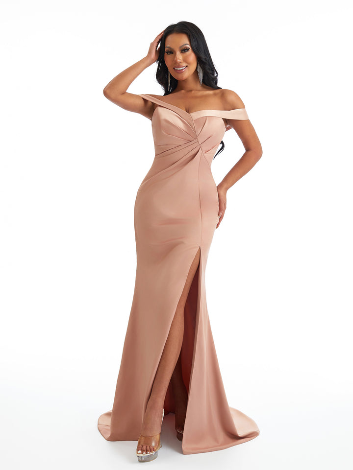 Sexy Off The Shoulder Side Split Mermaid Soft Satin Unique Long Bridesmaid Dresses
