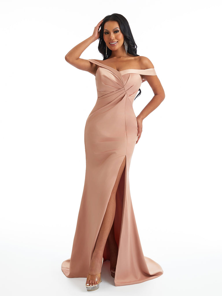 Sexy Off The Shoulder Side Split Mermaid Soft Satin Unique Long Bridesmaid Dresses