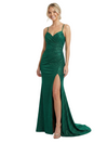 Sparkly Spaghetti Straps Glitter Jersey V-neck Mermaid Side Slit Ruched Evening Prom Dresses