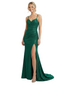 Sparkly Spaghetti Straps Glitter Jersey V-neck Mermaid Side Slit Ruched Evening Prom Dresses