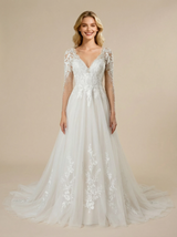 A-Line V-neck Long Sleeves Maxi Long Tulle Wedding Dresses Online