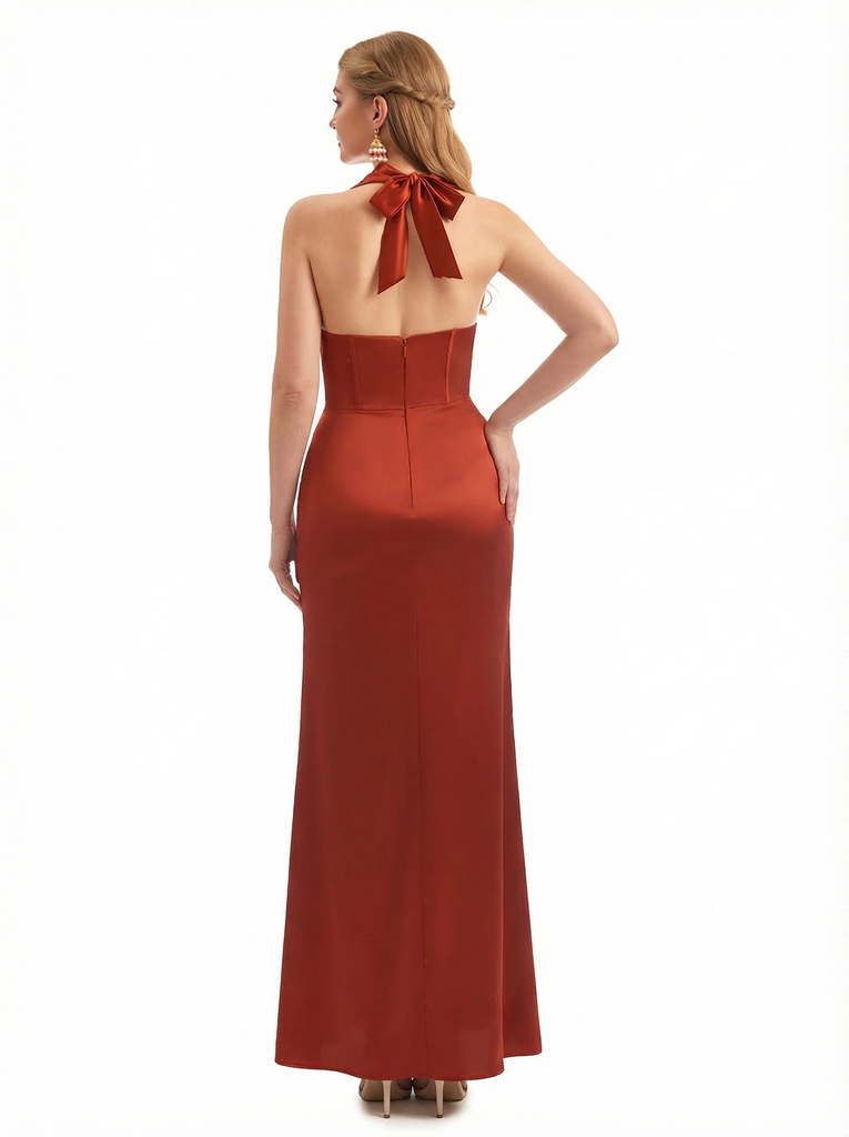 Sexy Halter Sleeveless Twisted Knot Mermaid Silky Satin Long Formal Dresses Side Slit