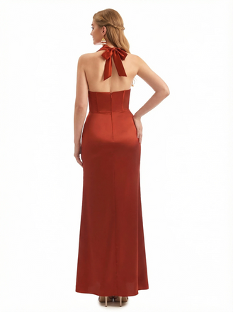 Sexy Halter Sleeveless Twisted Knot Mermaid Silky Satin Long Formal Dresses Side Slit