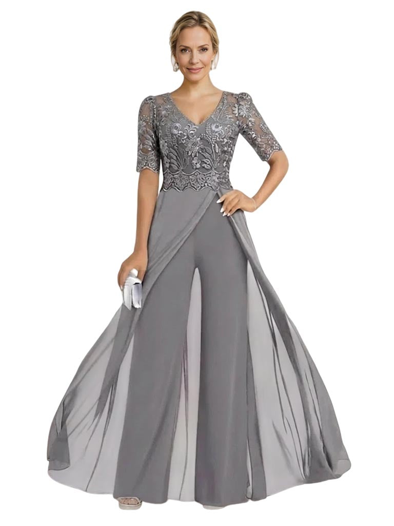 Elegant Chiffon Lace Half Sleeves Formal Pantsuit For Mother of The Bride