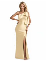 Elegant Soft Satin One Shoulder Side Slit Mermaid Long Mother of the Brides Dresses