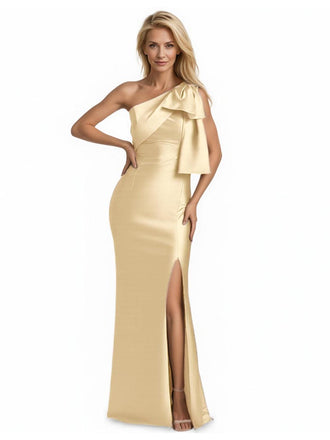 Elegant Soft Satin One Shoulder Side Slit Mermaid Long Mother of the Brides Dresses